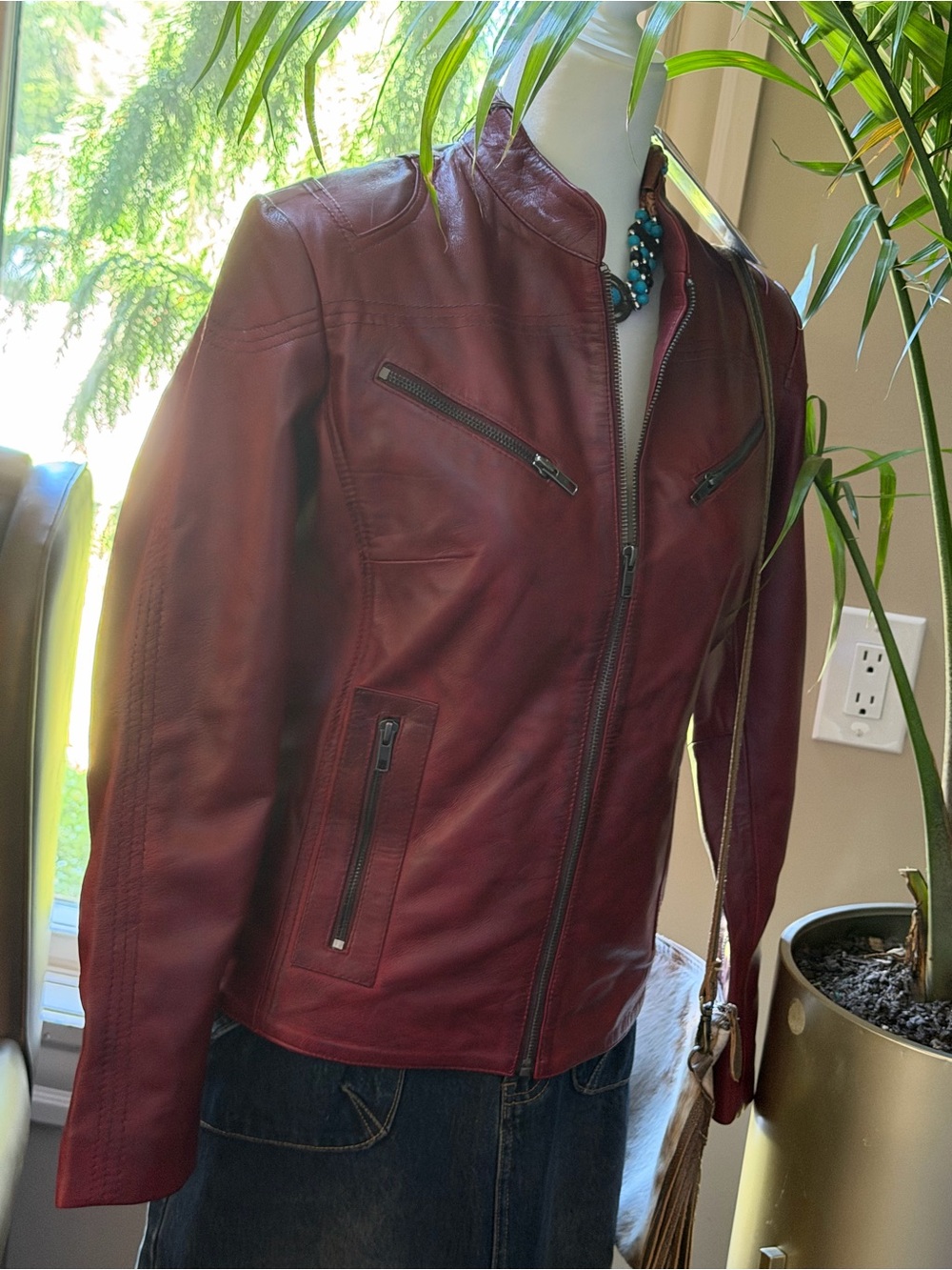 NWT 100% GENUINE LAMB NAPPA LEATHER Brick Lane Burgundy Red Moto Biker Jacket Sm - Picture 4 of 15